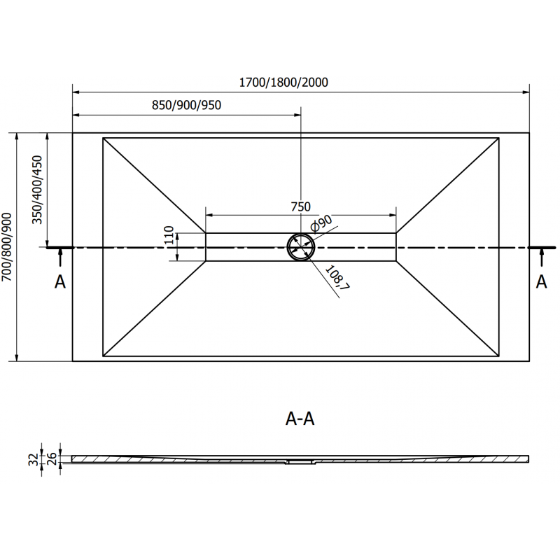 Mexen Toro brodzik prostokątny SMC 180 x 90 cm, czarny, maskownica czarna - 43709018-B
