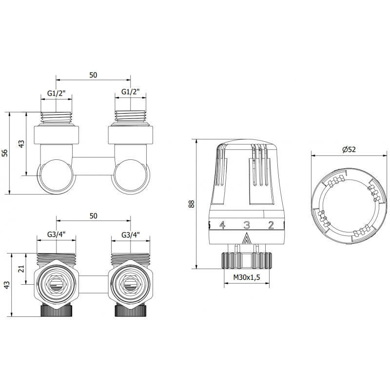 Mexen G01 set termostatico bidirezionale DN50, angolare 1/2"x3/4", nichel - W911-012-918-01