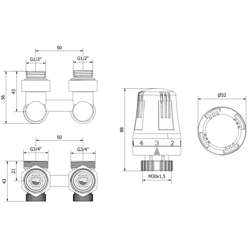 Mexen G01 set termostatski dvocijevni DN50, kutni 1/2"x3/4", nikal - W911-012-918-01