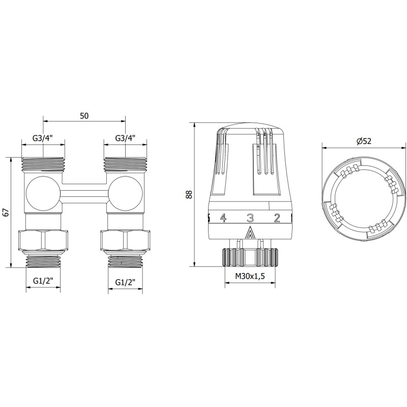Mexen G01 dvorazinski termostatski komplet DN50, ravni 1/2"x3/4", nikal - W912-012-918-01