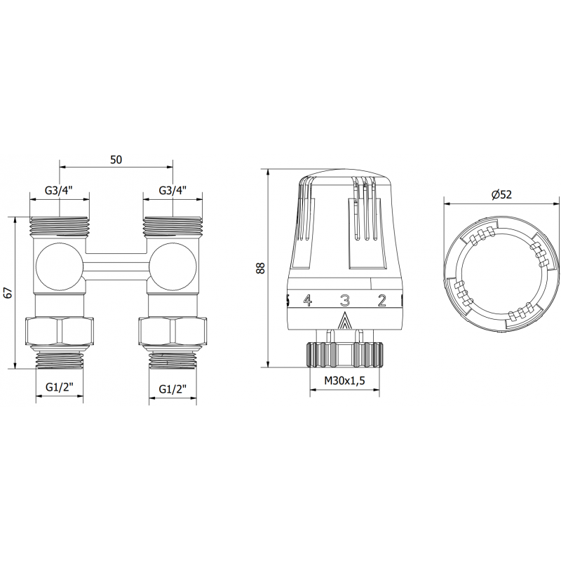 Mexen G01 set termostatico a due tubi DN50, diritto 1/2"x3/4", nichel - W912-012-918-01