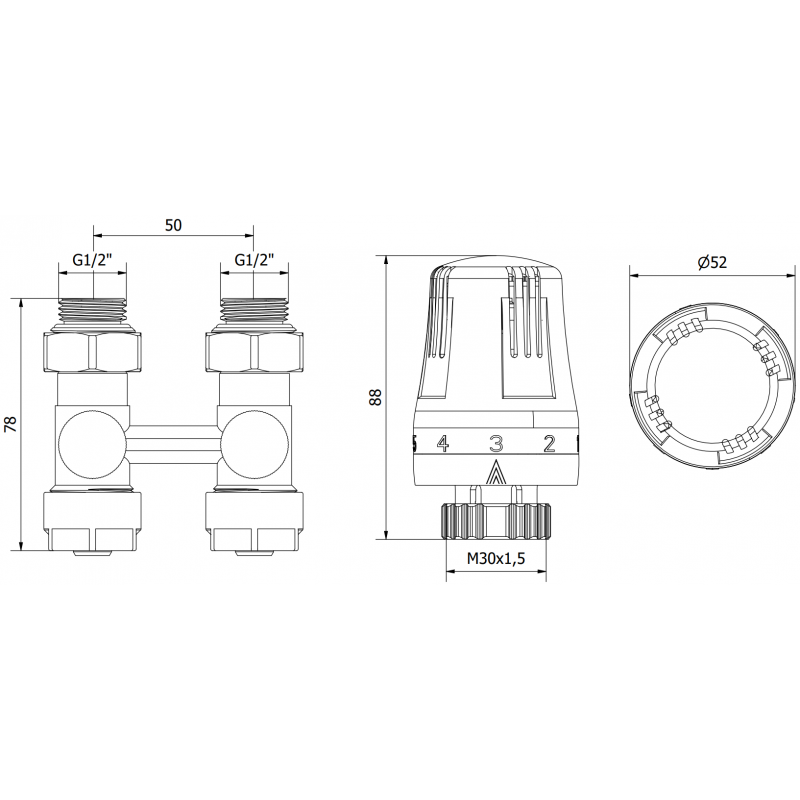 Mexen G01 tvårörs termostatset DN50, rak 1/2"x16 mm, nickel - W912-016-918-01