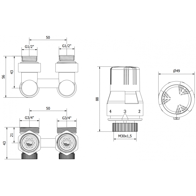 Mexen G02 tvårörstermostatset DN50, vinkel 1/2"x3/4", nickel - W911-012-928-01