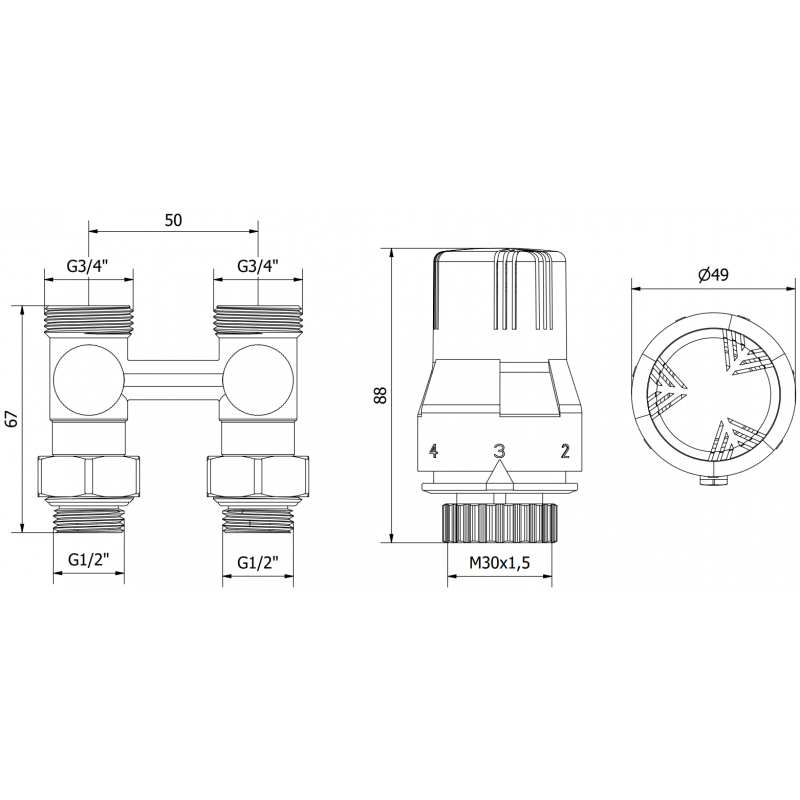 Mexen G02 tvårörs termostatisk set DN50, rak 1/2"x3/4", nickel - W912-012-928-01