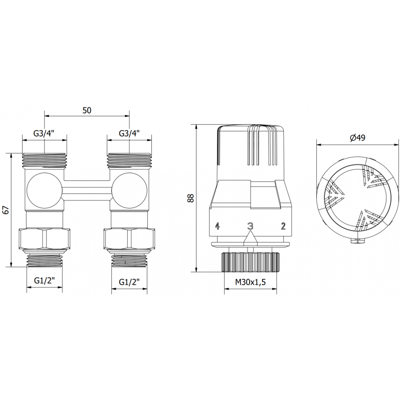 Mexen G02 two-pipe thermostatic set DN50, straight 1/2"x3/4", nickel - W912-012-928-01