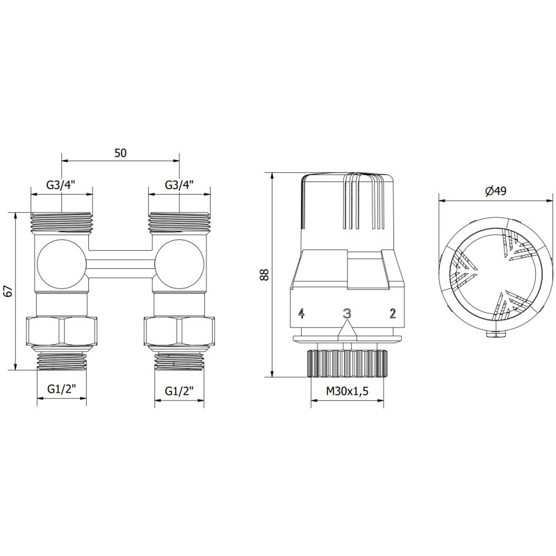Mexen G02 zestaw termostatyczny dwururowy DN50, prosty 1/2"x3/4", nikiel - W912-012-928-01