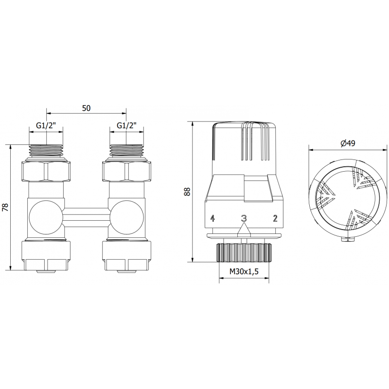 Mexen G02 ensemble thermostatique à deux tuyaux DN50, droit 1/2"x16 mm, nickel - W912-016-928-01
