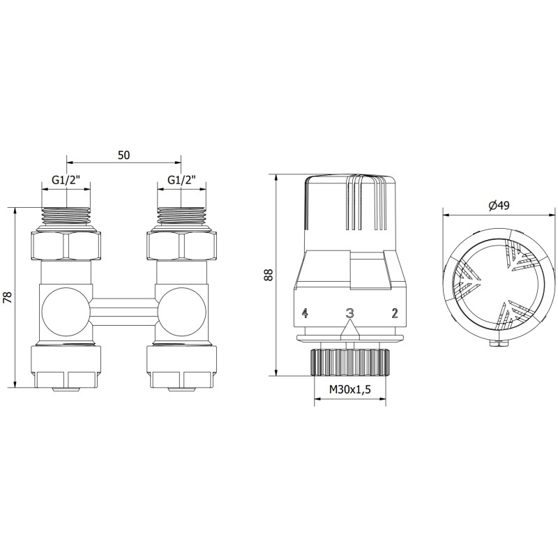 Mexen G02 kaheradiaatorite termostaatiline komplekt DN50, sirge 1/2"x16 mm, nikkel - W912-016-928-01