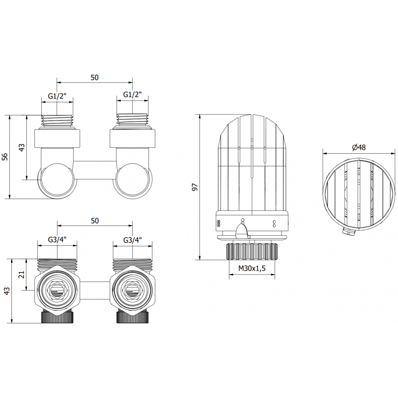 Mexen G03 ensemble thermostatique à deux tuyaux DN50, coudé 1/2"x3/4", nickel - W911-012-938-01