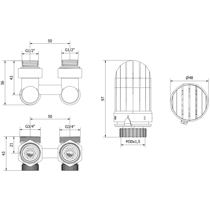 Mexen G03 kahetoru termostaatiline komplekt DN50, nurkne 1/2"x3/4", nikkel - W911-012-938-01
