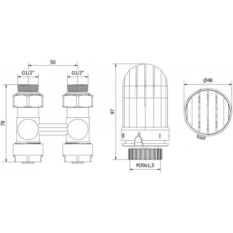 Mexen G03 DN50 kaksiputkinen termostaattisarja, suora 1/2"x16 mm, nikkeli - W912-016-938-01
