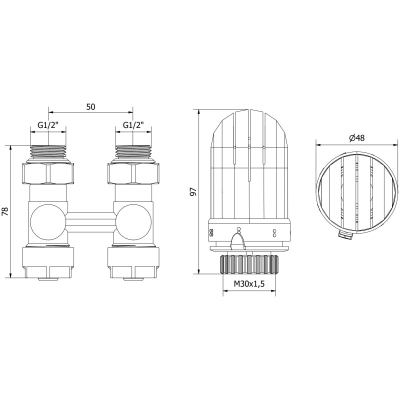 Mexen G03 set termostatski dvorijedni DN50, ravni 1/2"x16 mm, nikal - W912-016-938-01