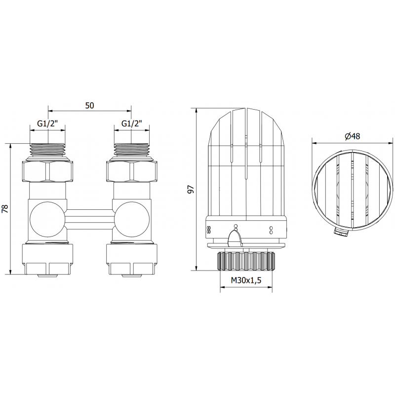 Mexen G03 tvårörs termostatset DN50, rak 1/2"x16 mm, nickel - W912-016-938-01