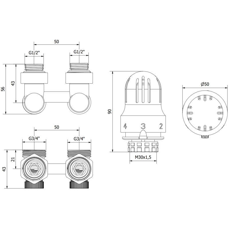 Mexen G04 dvorazinski termostatski set DN50, kutni 1/2"x3/4", nikal - W911-012-948-01