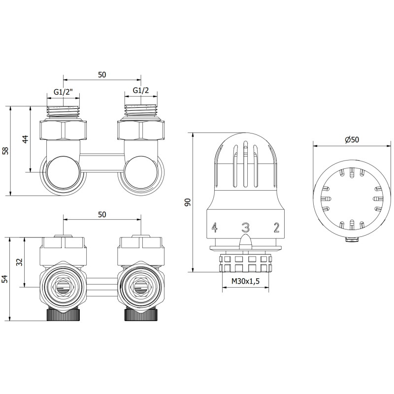 Mexen G04 termostatski set s dvostrukom cijevi DN50, kutni 1/2"x16 mm, nikal - W911-016-948-01