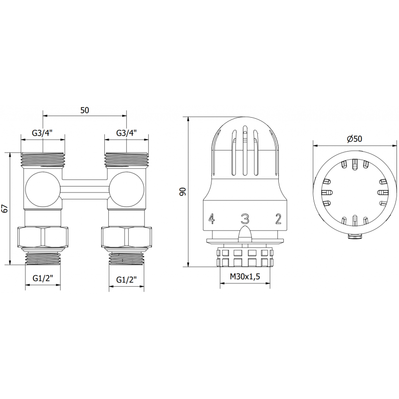 Mexen G04 dvonamenski termostatski komplet DN50, raven 1/2"x3/4", nikel - W912-012-948-01