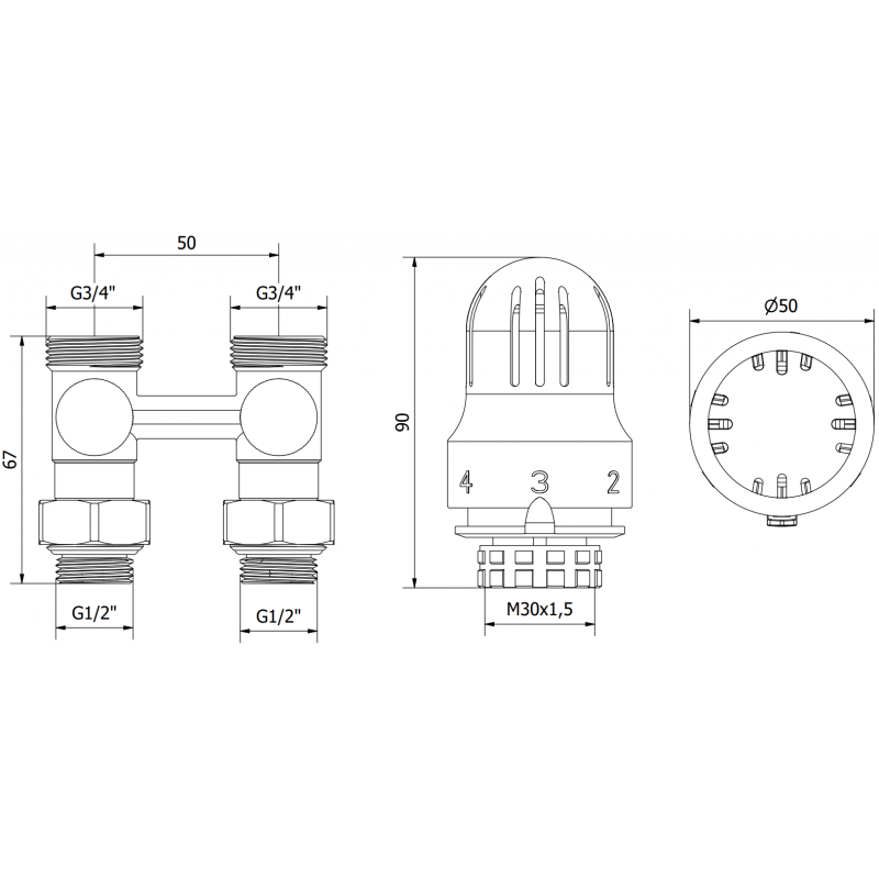 Mexen G04 termostatisk två-rörs set DN50, rak 1/2"x3/4", nickel - W912-012-948-01
