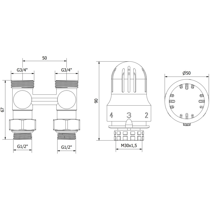 Mexen G04 termostatski set s dvostrukom cijevi DN50, ravan 1/2"x3/4", nikal - W912-012-948-01