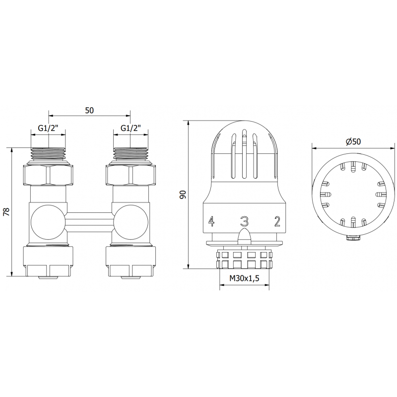 Mexen G04 dn50-kaksiputkinen termostaattisarja, suora 1/2"x16 mm, nikkeli - W912-016-948-01