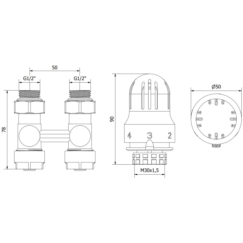 Mexen G04 termostatski set s dvije cijevi DN50, ravni 1/2"x16 mm, nikal - W912-016-948-01