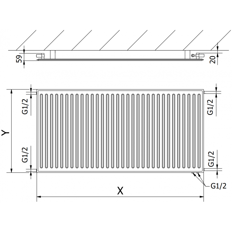 Mexen CVH10 Radiateur hygiénique à panneau 500 x 1800 mm, raccordement inférieur, 954 W, blanc - W610H-050-180-00