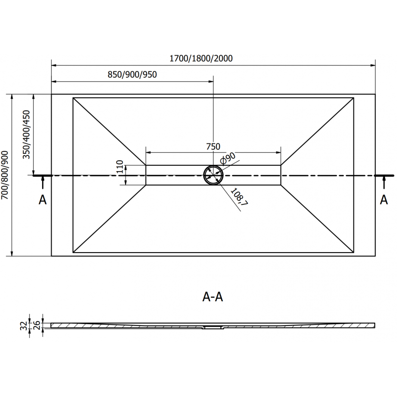 Mexen Toro brodzik prostokątny SMC 170 x 80 cm, biały, maskownica czarna - 43108017-B