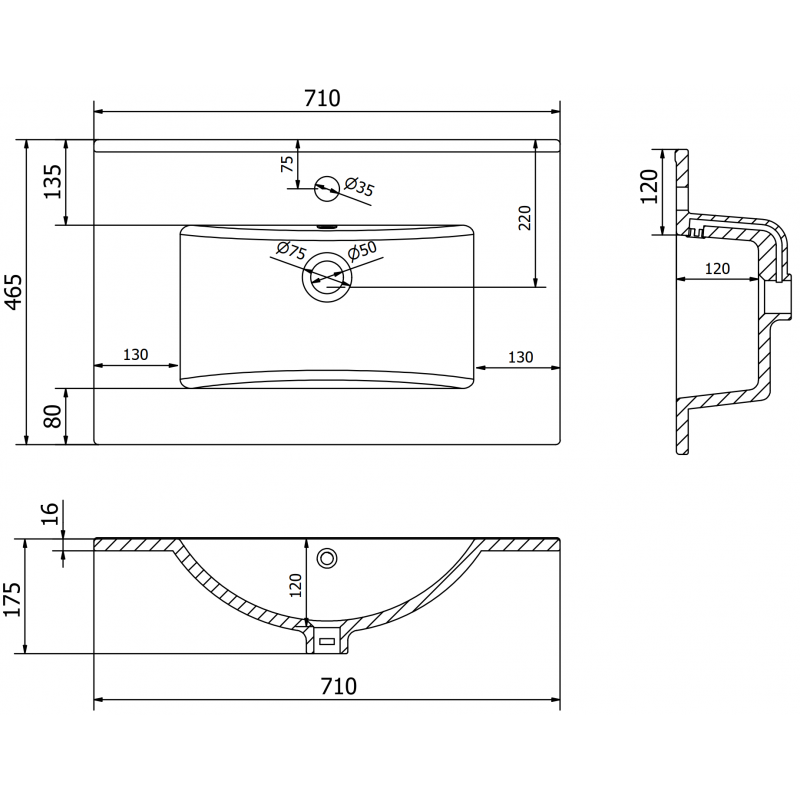Mexen Atena inbouw wastafelblad 71 x 46 cm, wit - 25017000