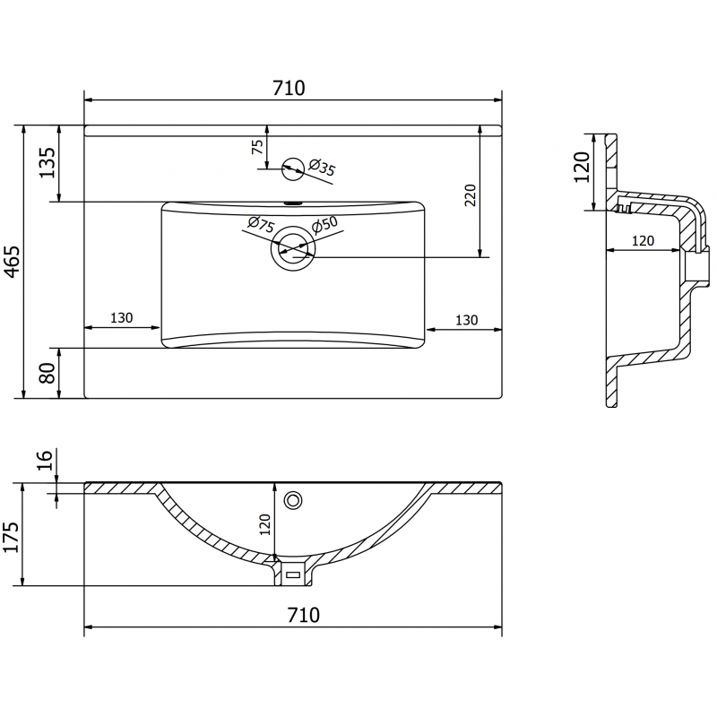 Mexen Atena lavabo encastré dans le plan 71 x 46 cm, blanc - 25017000