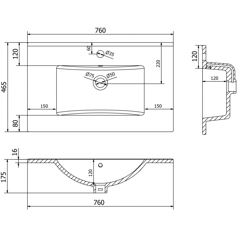 Mexen Atena lavabo de encastre en encimera 76 x 46 cm, blanco - 25017500