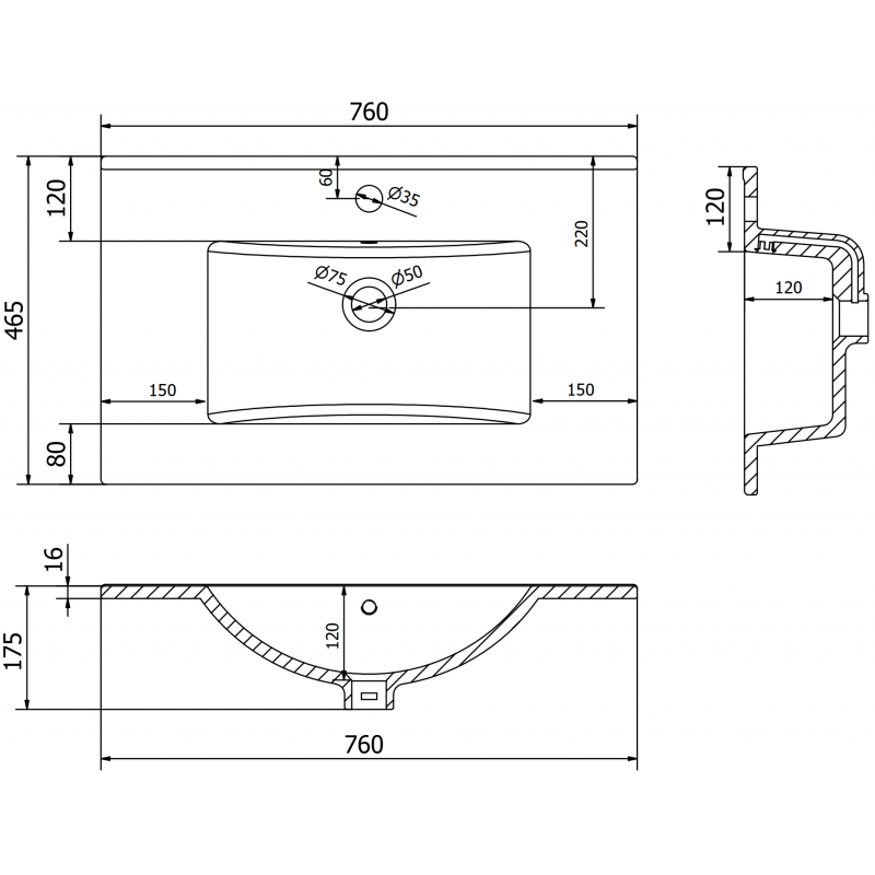 Mexen Atena lavatório embutido na bancada 76 x 46 cm, branco - 25017500