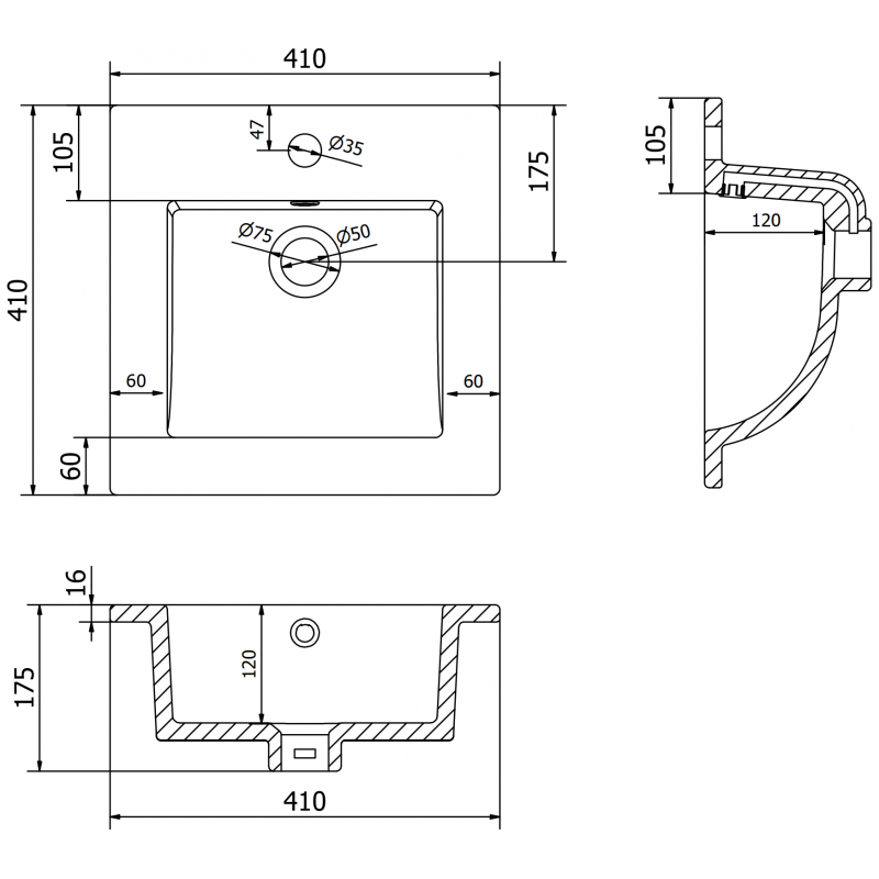 Mexen Atena lavabo empotrado en encimera 41 x 41 cm, negro mate - 25014170