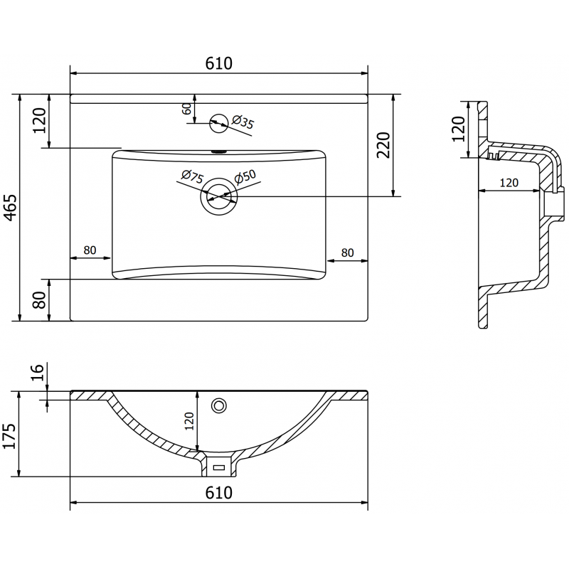 Mexen Atena lavabo encastré dans le plan 61 x 46 cm, noir mat - 25016070