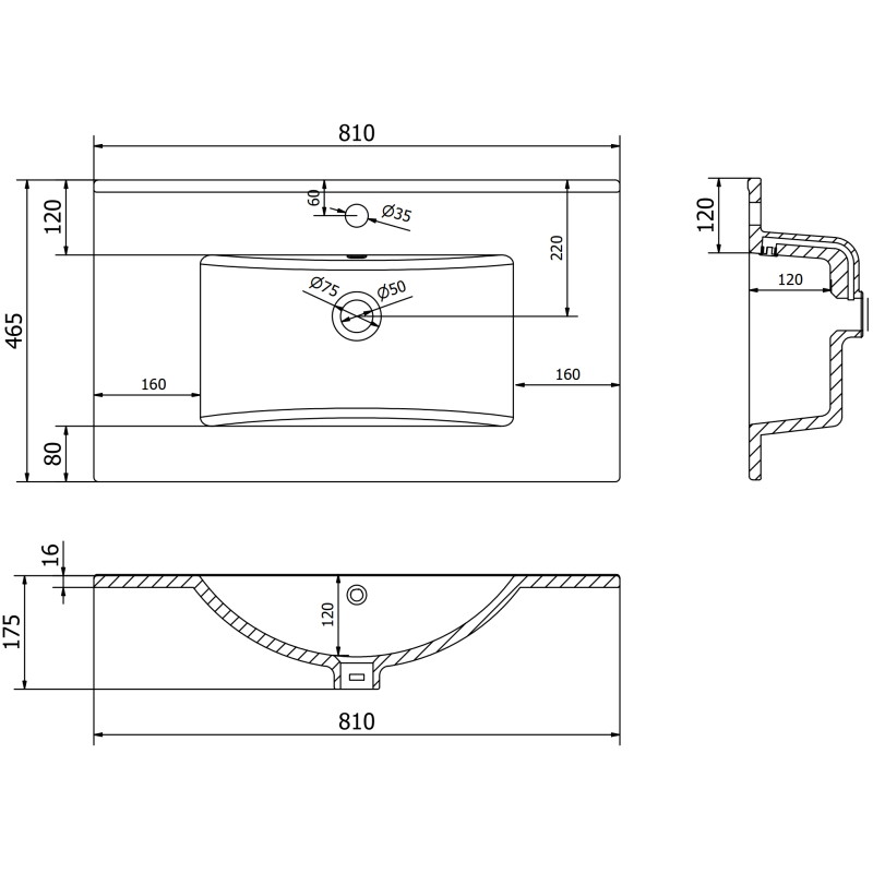 Mexen Atena lavabo encastré dans le plan 81 x 46 cm, noir mat - 25018070