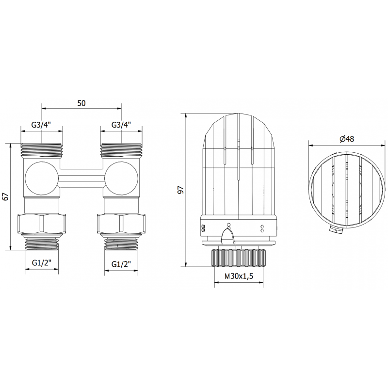 Mexen G03 set termostatico a due tubi DN50, dritto 1/2"x3/4", nichel - W912-012-938-01