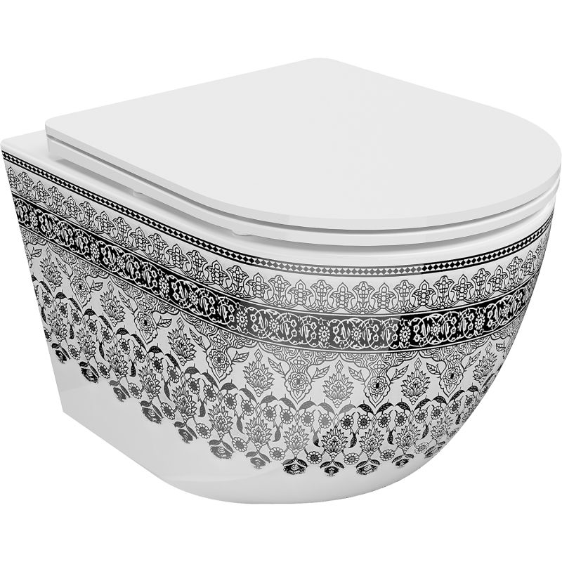 Mexen Lena rimloze wc-pot met slim, langzaam dalende duroplast zitting, wit/zwart patroon - 30224095