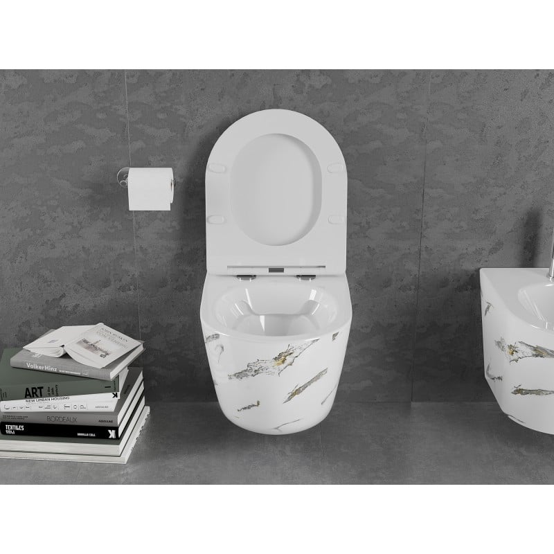 Mexen Lena wc-kulho Rimless hidastuvalla slim Duroplast-istuimella, valkoinen kivi - 30224091