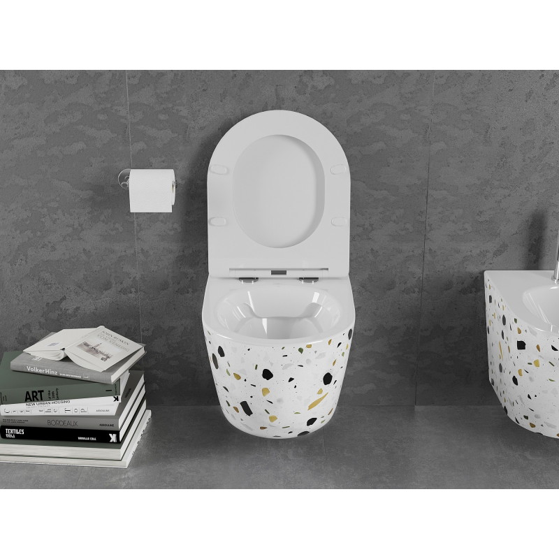 Mexen Lena wc školjka Rimless s slim sjedalom usporenog zatvaranja, duroplast, bijeli kamen terrazo - 30224096