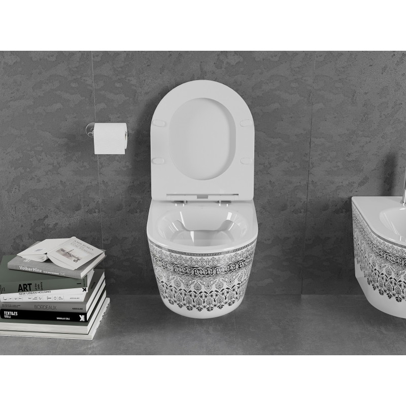 Mexen Lena Rimless WC-kauss aeglaselt sulguva slim duroplastist valge/must muster - 30224095