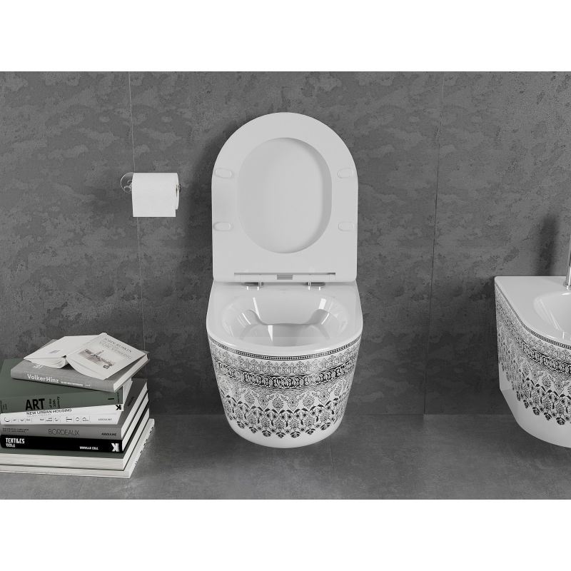 Mexen Lena WC pot Rimless met zacht sluitende slanke zitting, duroplast, wit/zwart patroon - 30224095