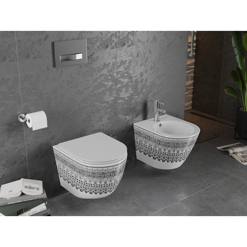 Mexen Lena Rimless WC-kauss aeglaselt sulguva slim duroplastist valge/must muster - 30224095