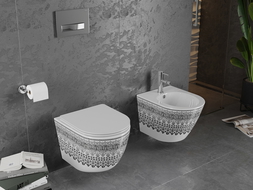Mexen Lena rimloze wc-pot met slim, langzaam dalende duroplast zitting, wit/zwart patroon - 30224095