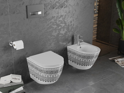 Mexen Lena WC-Schüssel Rimless mit absenkbarer Slim-Toilette, Duroplast, weiß/schwarz Muster - 30224095