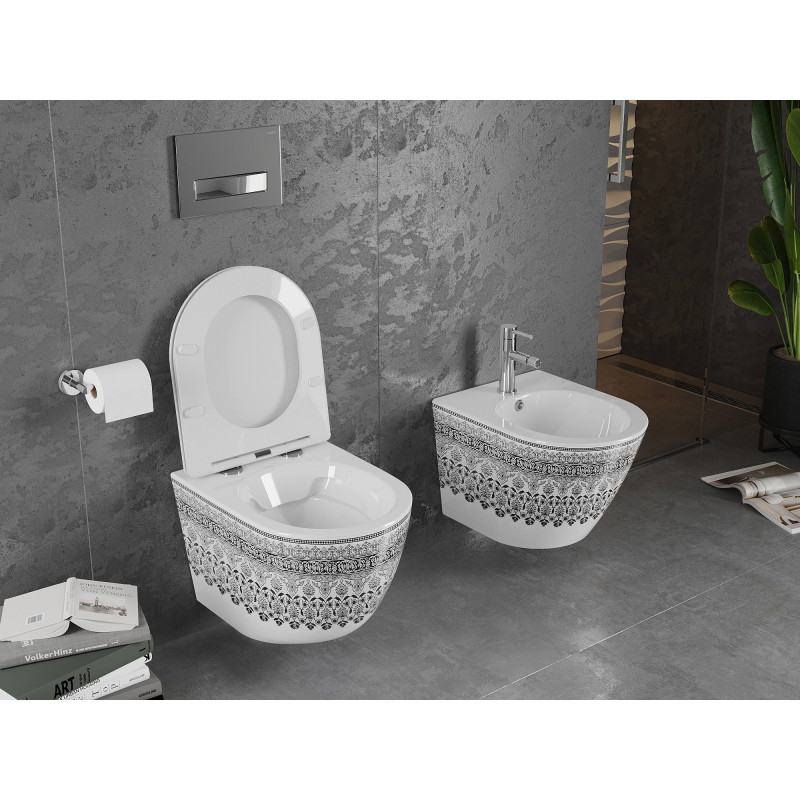 Mexen Lena Rimless WC-kauss aeglaselt sulguva slim duroplastist valge/must muster - 30224095