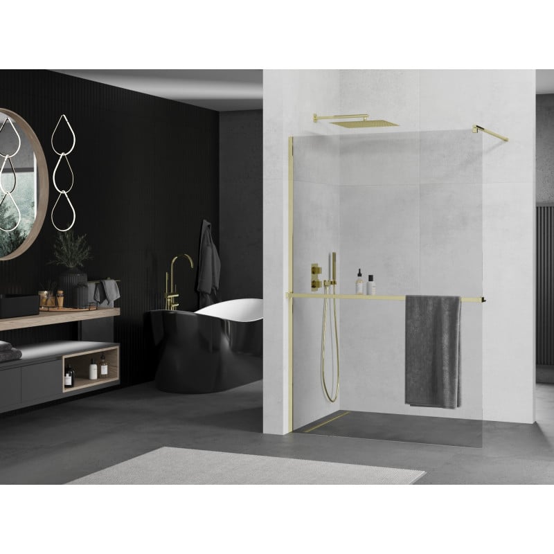 Mexen Kioto+ ścianka prysznicowa z półką Walk-in 105 x 200 cm, transparent, złota - 800-105-121-50-00