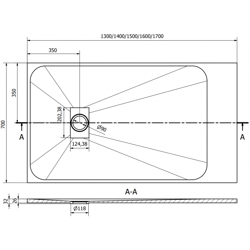 Mexen Hugo rectangular shower tray SMC 150 x 70 cm, white, inox cover - 42107015-X