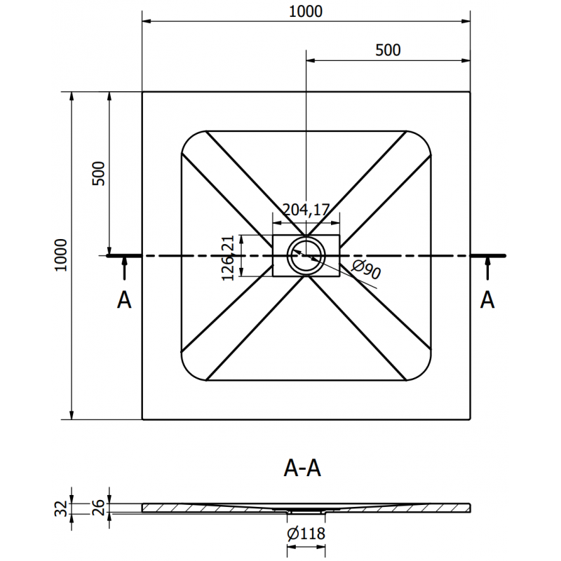 Mexen Hugo base de duche quadrada SMC 100 x 100 cm, branca, tampa dourada - 42101010-G