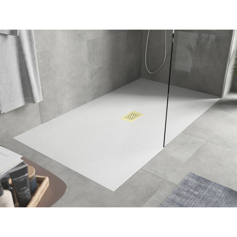 Mexen Hugo plato de ducha rectangular SMC 160 x 100 cm, blanco, cubrecanto dorado - 42101016-G