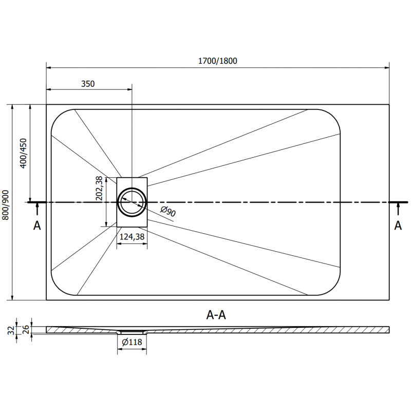Mexen Hugo brodzik prostokątny SMC 170 x 80 cm, biały, maskownica czarna - 42108017-B