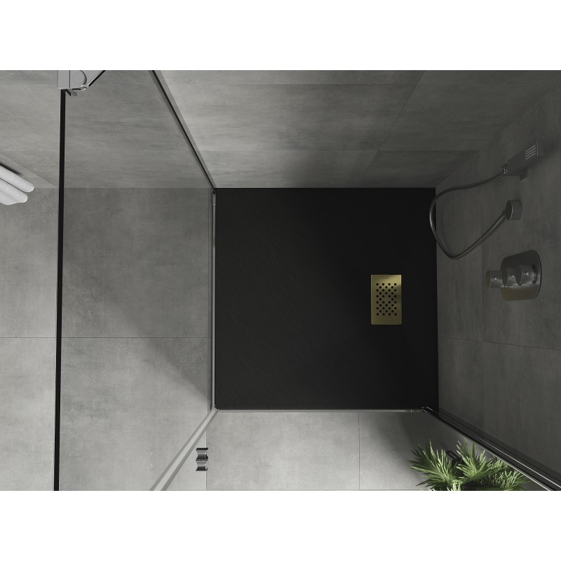 Mexen Hugo brodzik kwadratowy SMC 70 x 70 cm, czarny, maskownica złota - 42707070-G