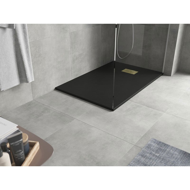 Mexen Hugo plato de ducha rectangular SMC 130 x 70 cm, negro, cubierta dorada - 42707013-G